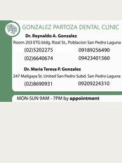 Gonzalez Partoza Dental Clinic - Room 203, ETG Building, Rizal Street, Poblacion, San Pedro, Laguna, 247 Maligaya St.United San Pedro Subdivision, San Pedro, Laguna, San Pedro, Laguna, 4023, 