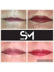 Sian Mortimer Permanent Cosmetics - Lip transformation  - top L before, top R after initial, bottom L 4 weeks healed, bottom R after top up 